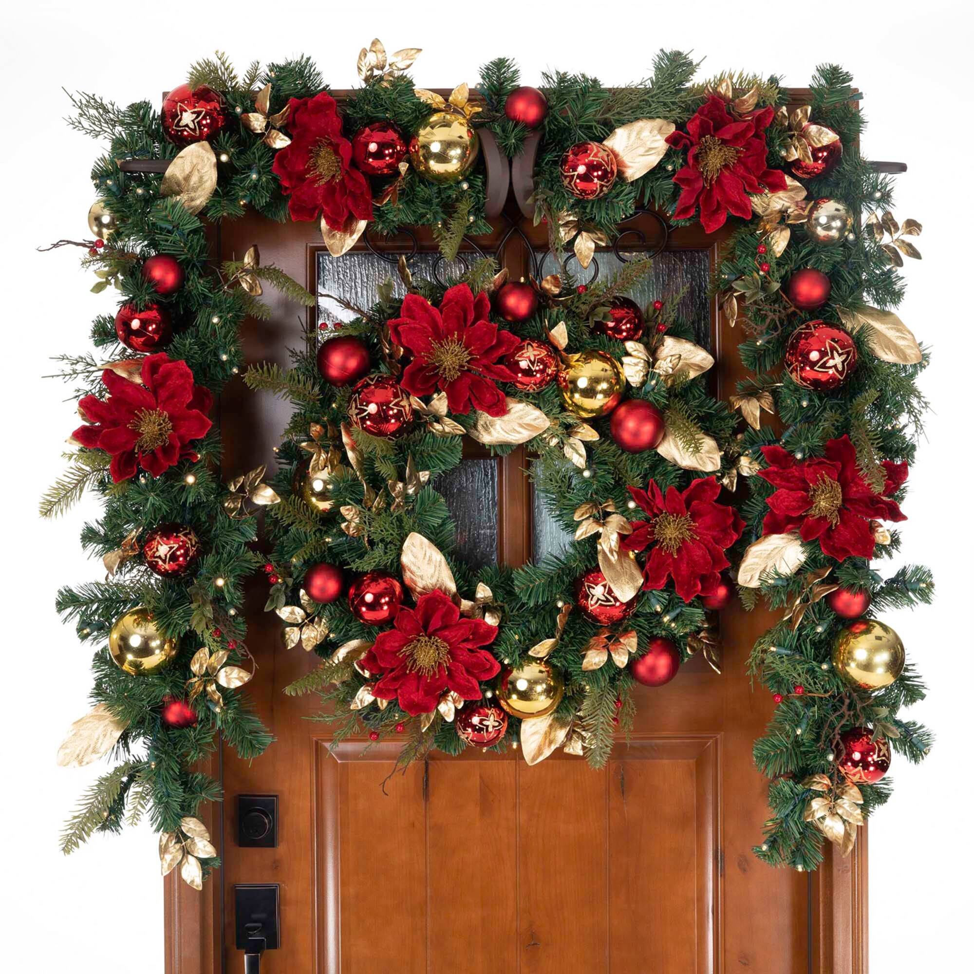 9 ft. Pre-Lit LED Golden Leaf Red Magnolia Artificial Christmas Garland